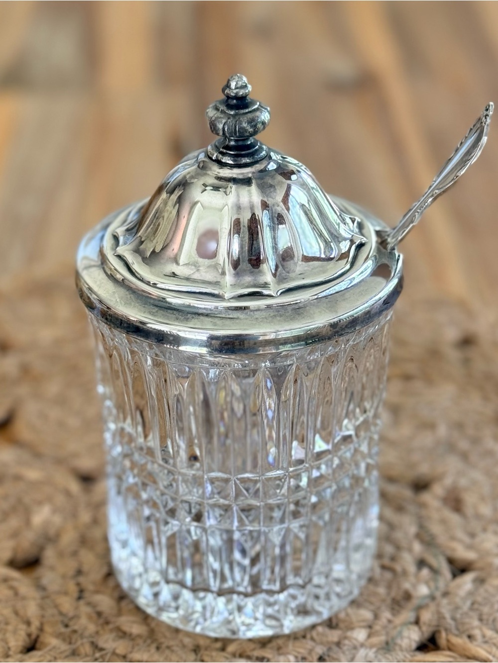 Vintage Clear Crystal Sugar Jar with Silver Plated Lid and Spoon